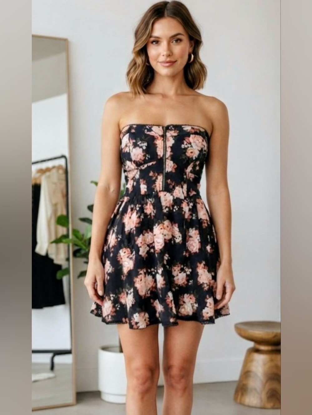 Streetwear Society Floral Strapless Mini Dress - Black & Pink Size Medium EUC